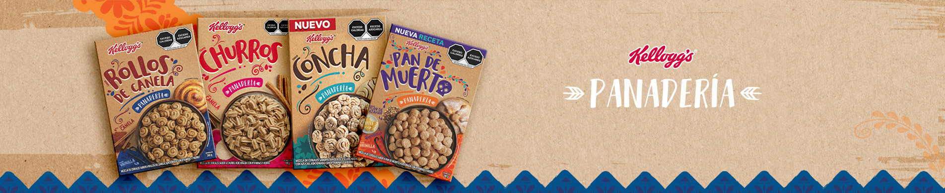 Cajas de cereales Kellogg's® Panadería: Rollos de canela, Churros, Concha y Pan de muerto